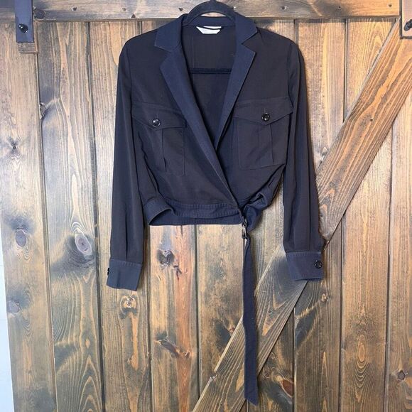 Max Mara Black Crepe Front Tie Detail Crop Moto Jacket - Picture 2 of 7